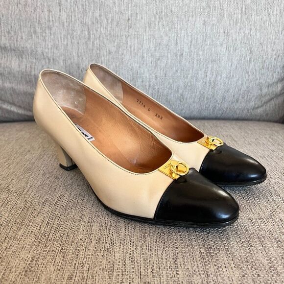 Celine Paris Leather Cap-Toe Two Toned Pumps Gold Hardware Size EU 38.5 - Picture 1 of 12